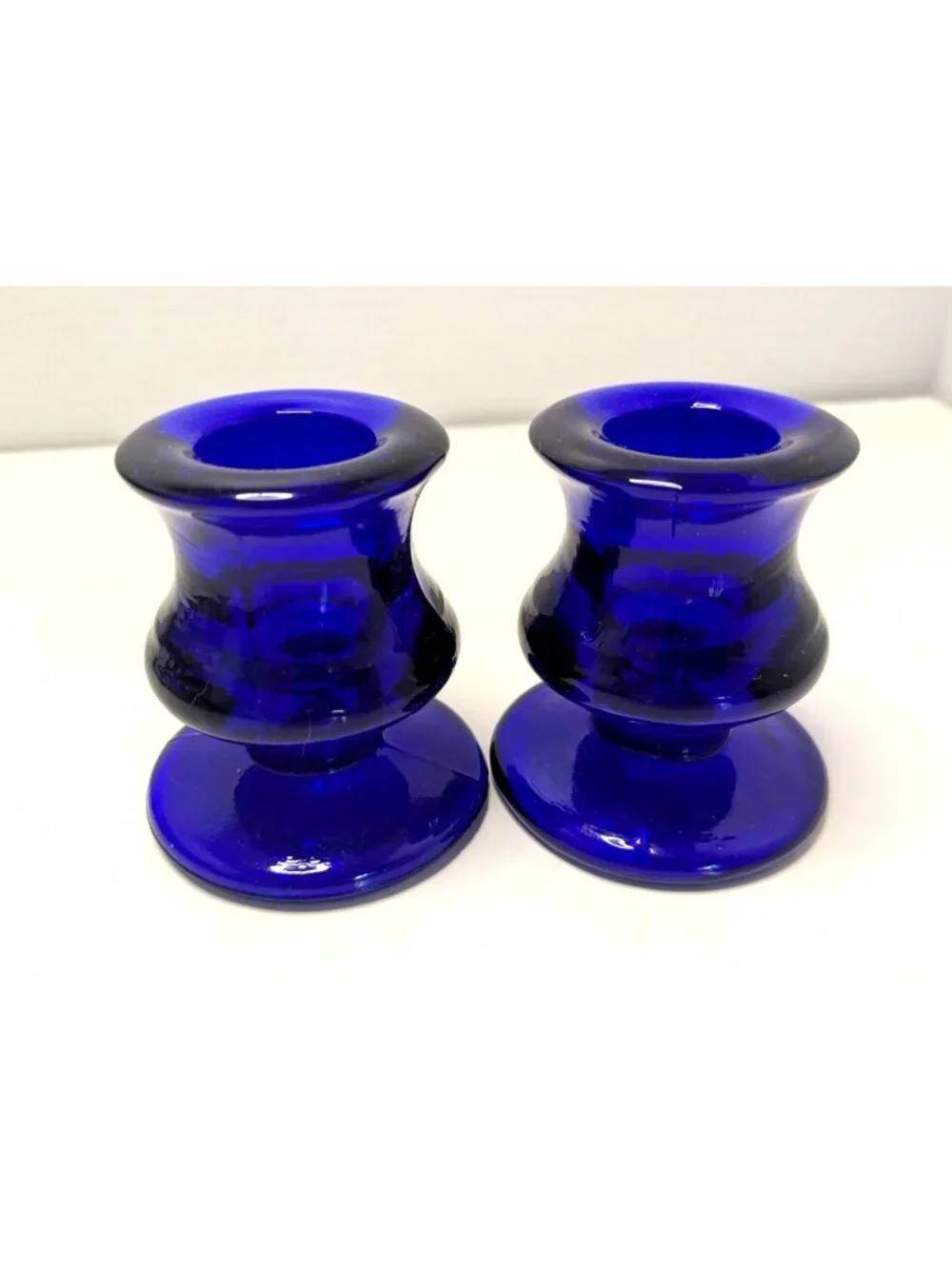 Vtg. Cobalt Blue Glass Taper Candlestick Holders Round Pedestal Base - Set Of 2